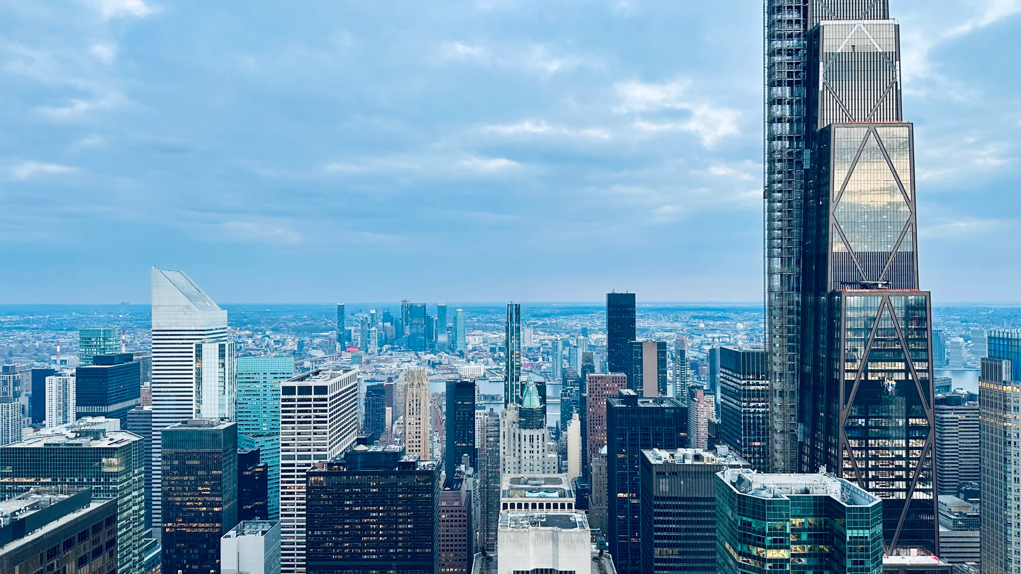 Midtown Manhattan skyline at dusk seen from above