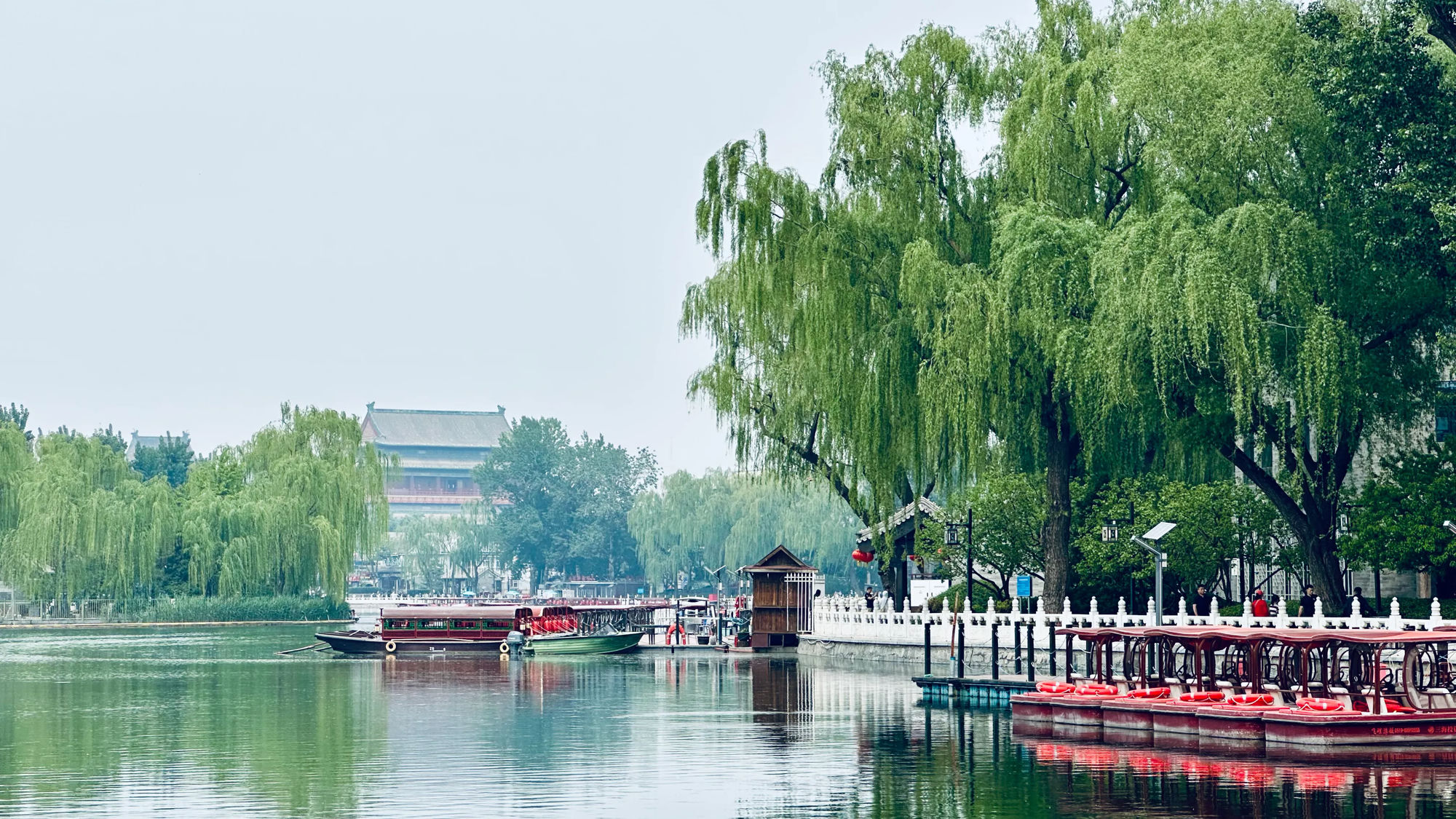 Willow-lined lake in Beijing with traditional pavilions and boats